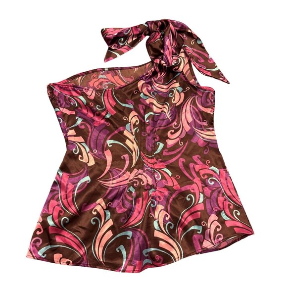 Guess Womens One-Shoulder Top Large Pink Purple Brown Abstract Print Y2K - Picture 4 of 4